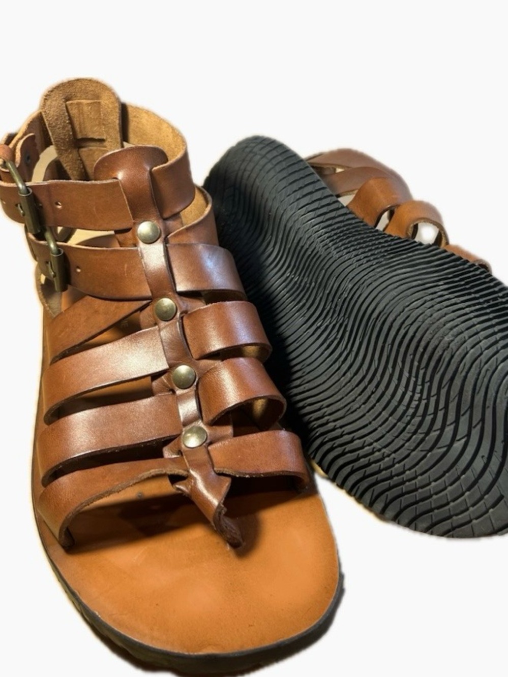 Saks Fifth Avenue Tan Brown Gladiator Leather  Men’s Sandal Size 11.5 Price $120 - Picture 5 of 9